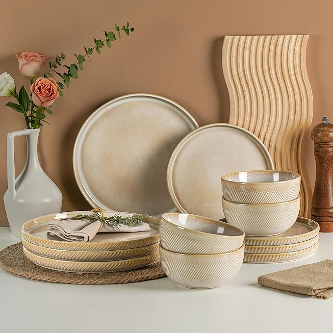 Earthsong Dinnerware Sets for 4, 12-Piece Ceramic Plates and Bowls Set, Dishwasher and Microwave Safe Stoneware Dishes Set, Ribbed, Sculpted Dune