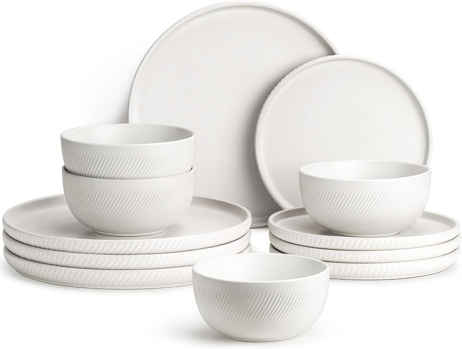 Earthsong Dinnerware Sets for 4, 12-Piece Ceramic Plates and Bowls Set, Dishwasher and Microwave Safe Stoneware Dishes Set, Snowcrest White